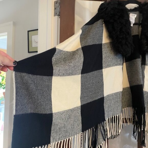 J.Crew Black and White Checked Cape Scarf with Faux Fur Neckline - Picture 3 of 6